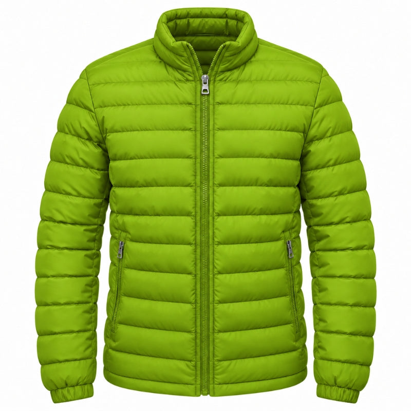 A bright lime green puffer jacket with horizontal quilting, a full-length front zipper, and zippered hand pockets, shown against a plain white background.