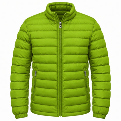 A bright lime green puffer jacket with horizontal quilting, a full-length front zipper, and zippered hand pockets, shown against a plain white background.