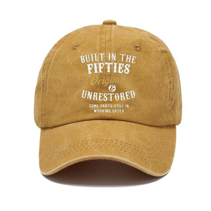 Brown cap with white text on a white background