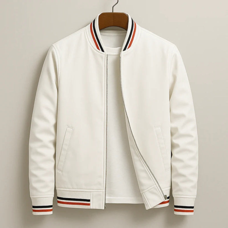 White jacket with striped cuffs and hem on a beige background