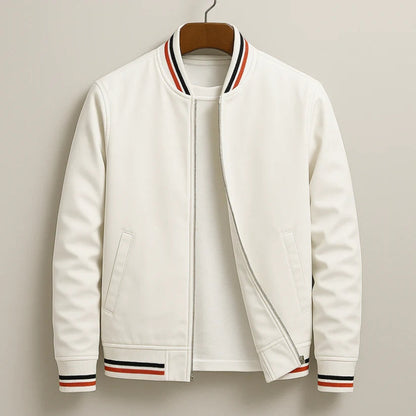 White jacket with striped cuffs and hem on a beige background