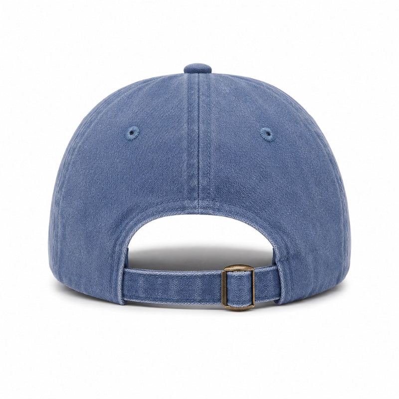 Blue denim cap with a gold buckle on a white background