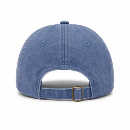 Blue denim cap with a gold buckle on a white background