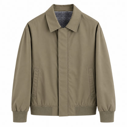 A light brown utility jacket with a pointed collar, front zipper, and ribbed cuffs and hem, shown against a plain white background.