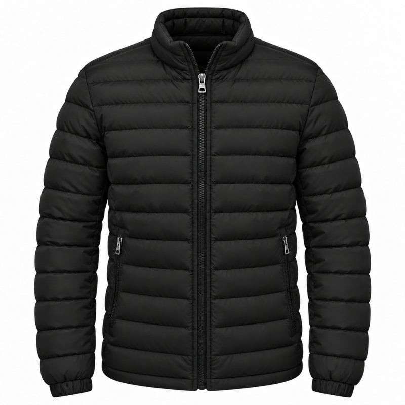 A black puffer jacket with horizontal quilting, a full-length front zipper, a stand-up collar, and zippered hand pockets, shown against a plain white background.