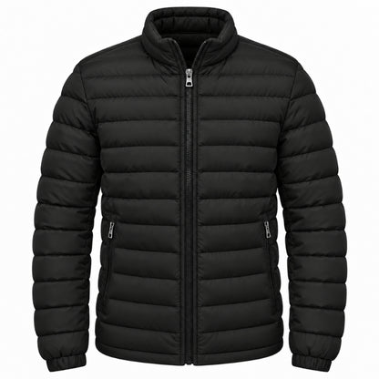 A black puffer jacket with horizontal quilting, a full-length front zipper, a stand-up collar, and zippered hand pockets, shown against a plain white background.