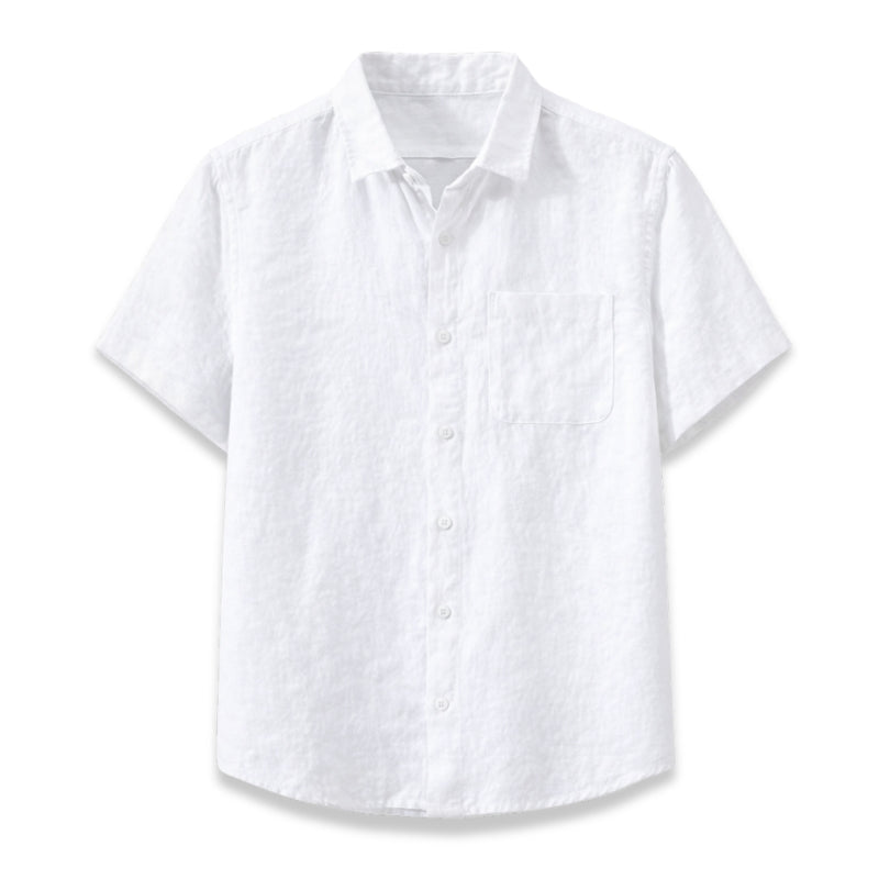 White short-sleeve button-up shirt on a white background