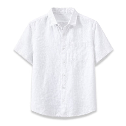 White short-sleeve button-up shirt on a white background