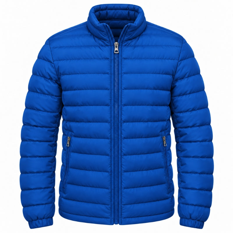 A bright blue quilted puffer jacket with a full front zipper, stand-up collar, and zippered hand pockets, shown on a plain white background.