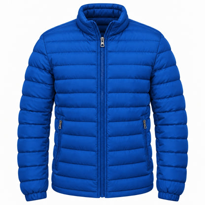 A bright blue quilted puffer jacket with a full front zipper, stand-up collar, and zippered hand pockets, shown on a plain white background.