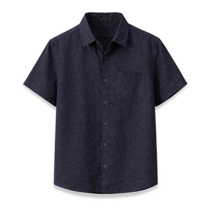 black short-sleeve button-up shirt on a white background
