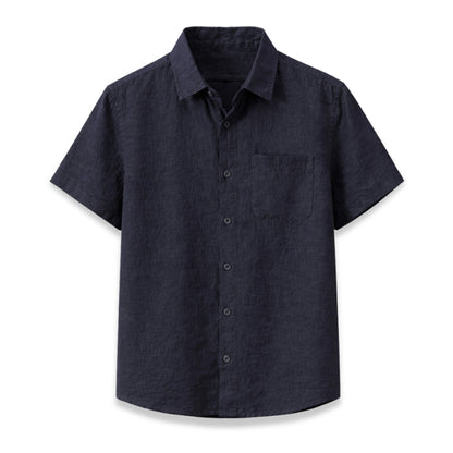 black short-sleeve button-up shirt on a white background