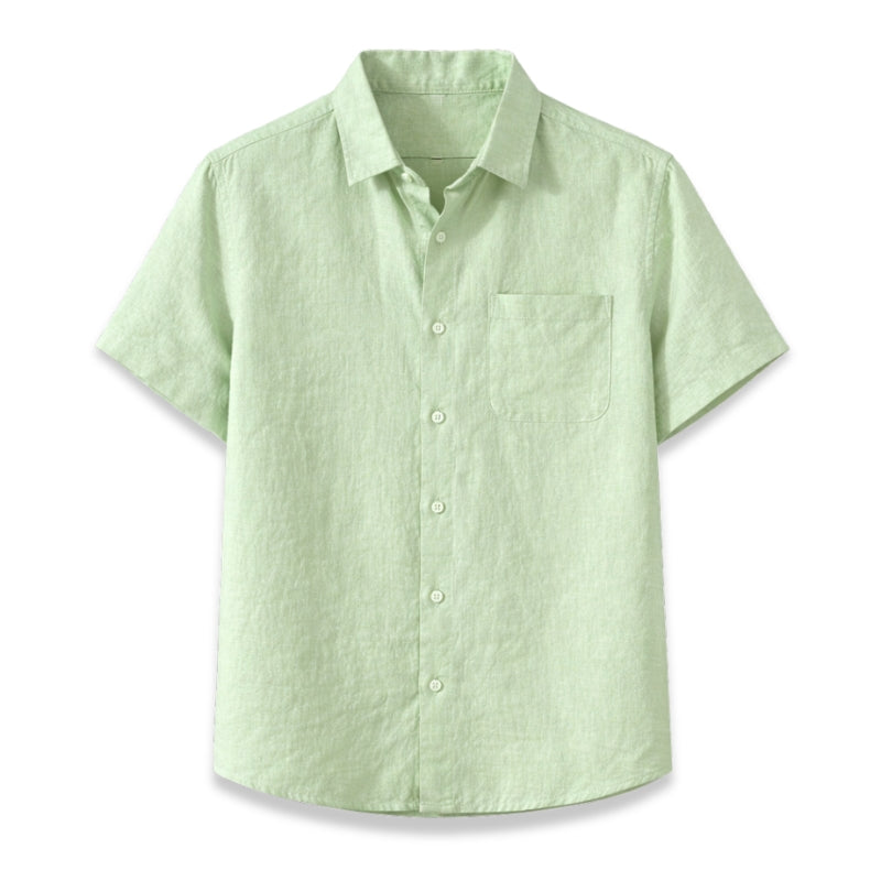 Mint green short-sleeve button-up shirt on a white background