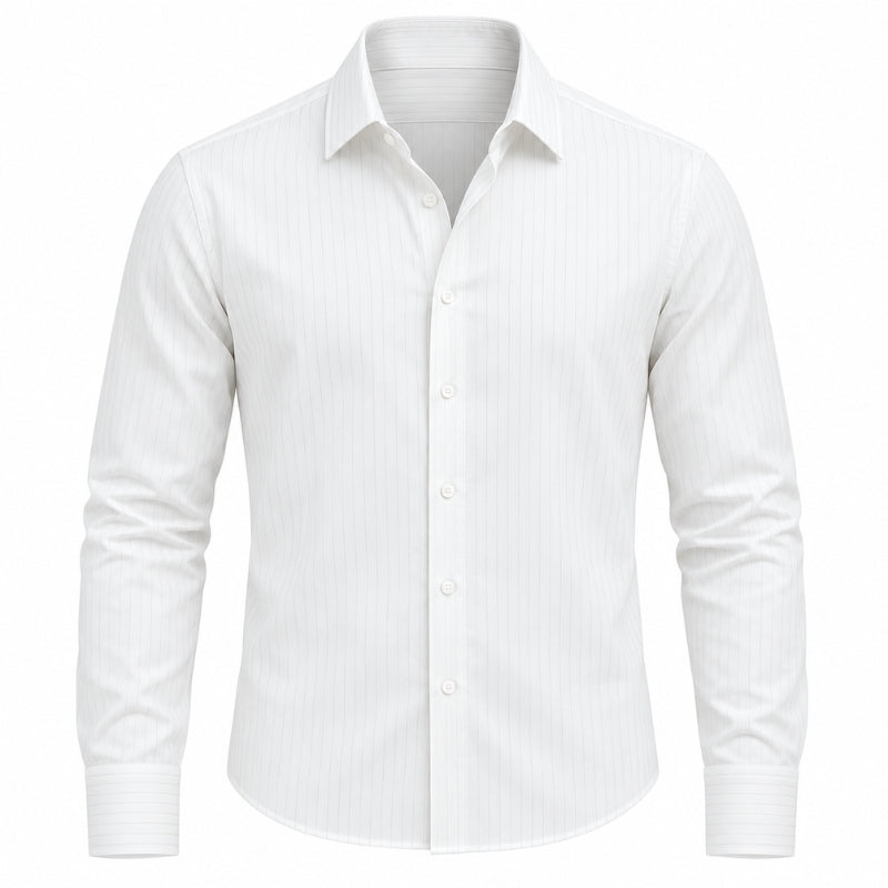 A white long-sleeve button-down dress shirt with subtle vertical pinstripes, shown on a clean white background.