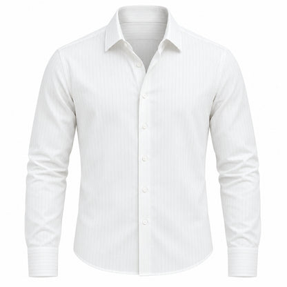 A white long-sleeve button-down dress shirt with subtle vertical pinstripes, shown on a clean white background.