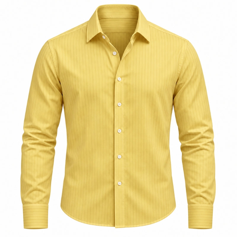 A men's long-sleeve button-up shirt in yellow with subtle vertical pinstripes, shown on a clean white background.