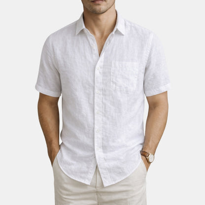 Man wearing a white linen shirt and beige pants on a white background
