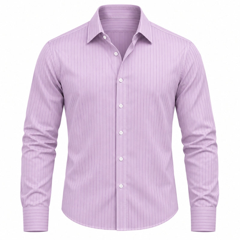 A men's long-sleeve button-down dress shirt in light purple with thin vertical white pinstripes, shown on a clean white background.