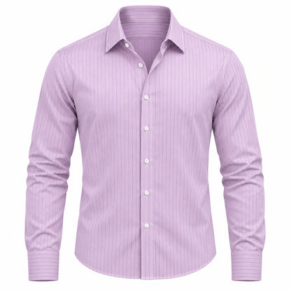 A men's long-sleeve button-down dress shirt in light purple with thin vertical white pinstripes, shown on a clean white background.