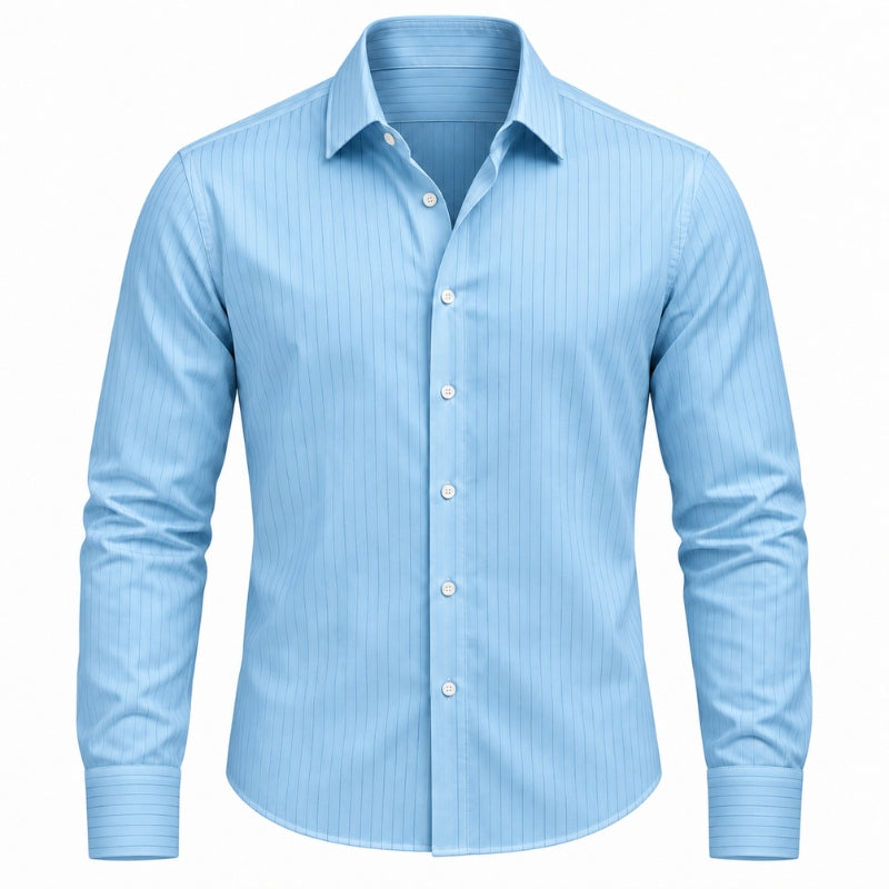 A light blue long-sleeve button-down shirt with subtle vertical pinstripes, shown on a clean white background.