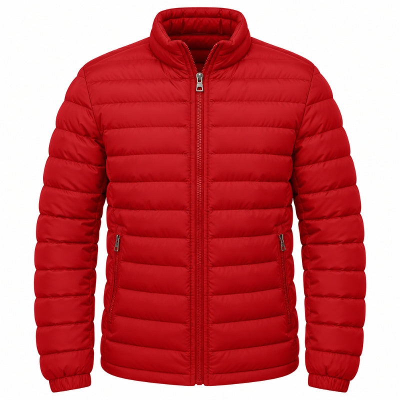 A bright red puffer jacket with horizontal quilting, a full-length front zipper, a stand-up collar, and zippered hand pockets, shown on a plain white background.