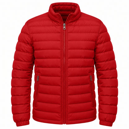 A bright red puffer jacket with horizontal quilting, a full-length front zipper, a stand-up collar, and zippered hand pockets, shown on a plain white background.
