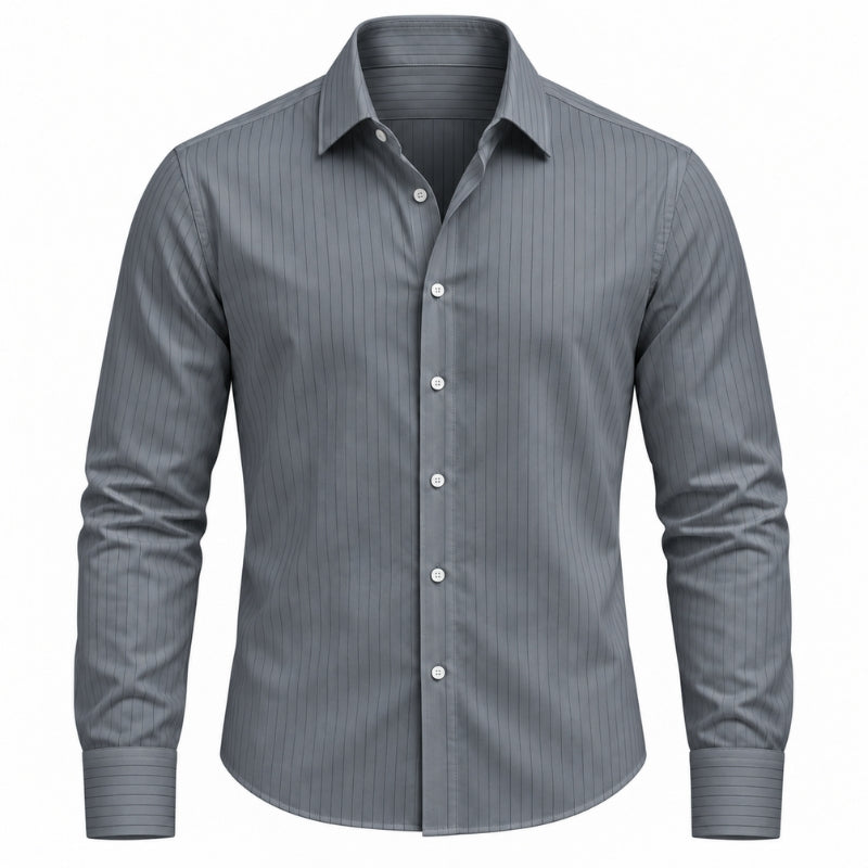 A men's long-sleeve button-down dress shirt in gray with a subtle vertical pinstripe pattern, shown on a clean white background.