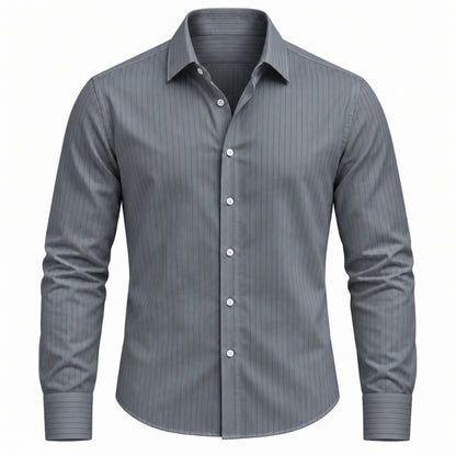 A men's long-sleeve button-down dress shirt in gray with a subtle vertical pinstripe pattern, shown on a clean white background.