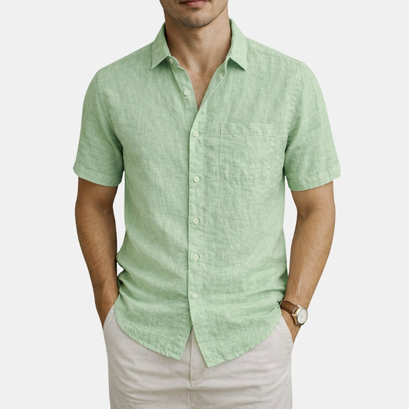 Man wearing a mint green short-sleeve shirt on a white background