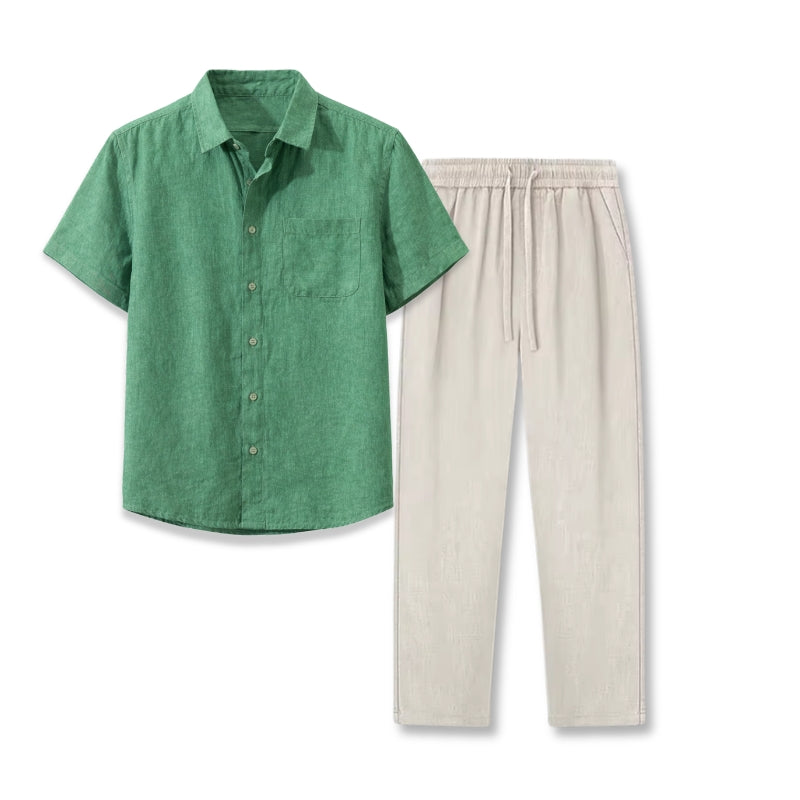Green shirt and beige pants on a white background
