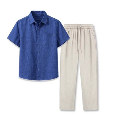 Blue shirt and beige pants on a white background