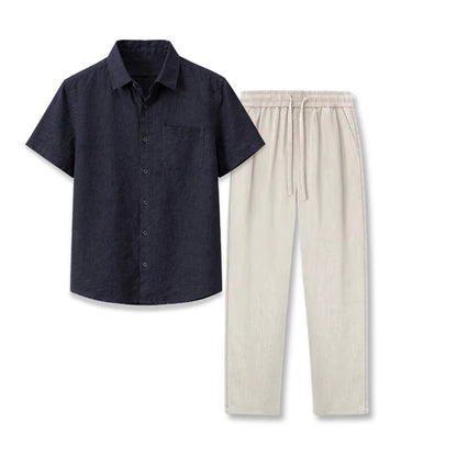 Black shirt and beige pants on a white background