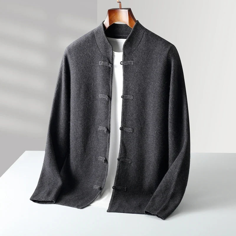 Dark gray jacket on a mannequin against a neutral background