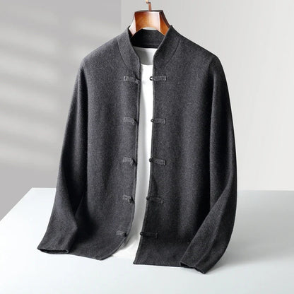 Dark gray jacket on a mannequin against a neutral background