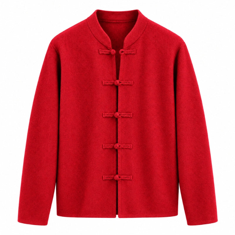 A bright red long-sleeve jacket with a mandarin collar and five traditional Chinese frog closures, displayed on a clean white background.