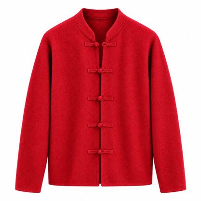 A bright red long-sleeve jacket with a mandarin collar and five traditional Chinese frog closures, displayed on a clean white background.