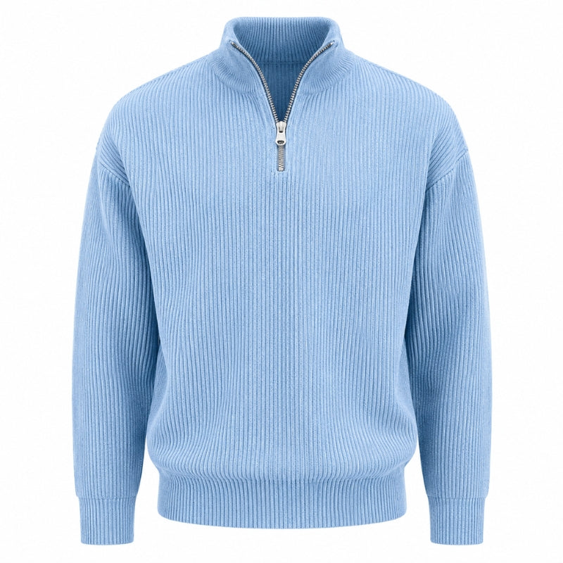 A light blue ribbed knit quarter-zip sweater with a stand collar and silver zipper, shown on a plain white background.