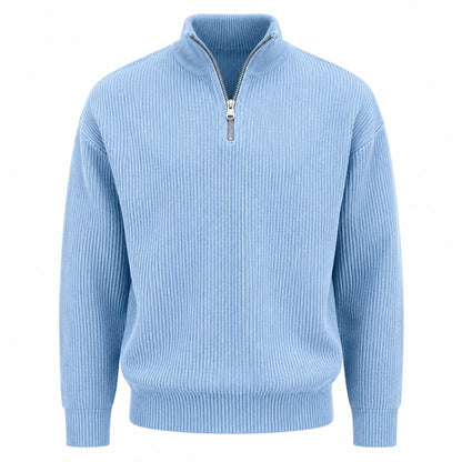 A light blue ribbed knit quarter-zip sweater with a stand collar and silver zipper, shown on a plain white background.