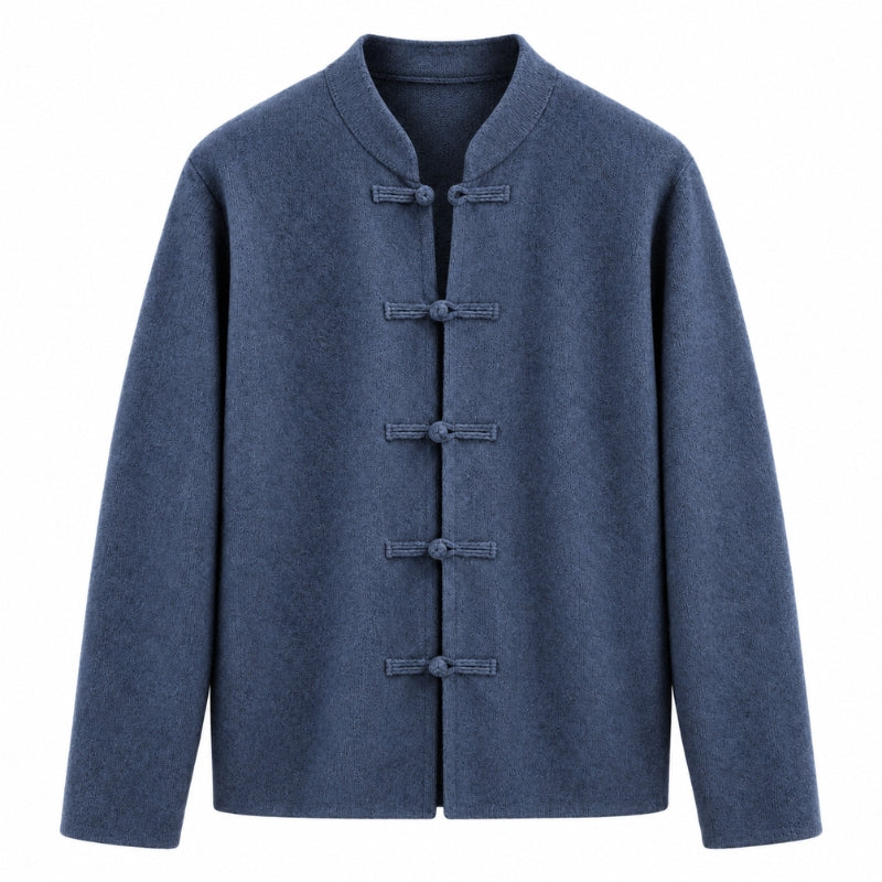 A men's long-sleeve traditional Chinese-style jacket in a textured slate blue fabric, featuring five dark blue fabric toggle closures on the front, set against a plain white background.