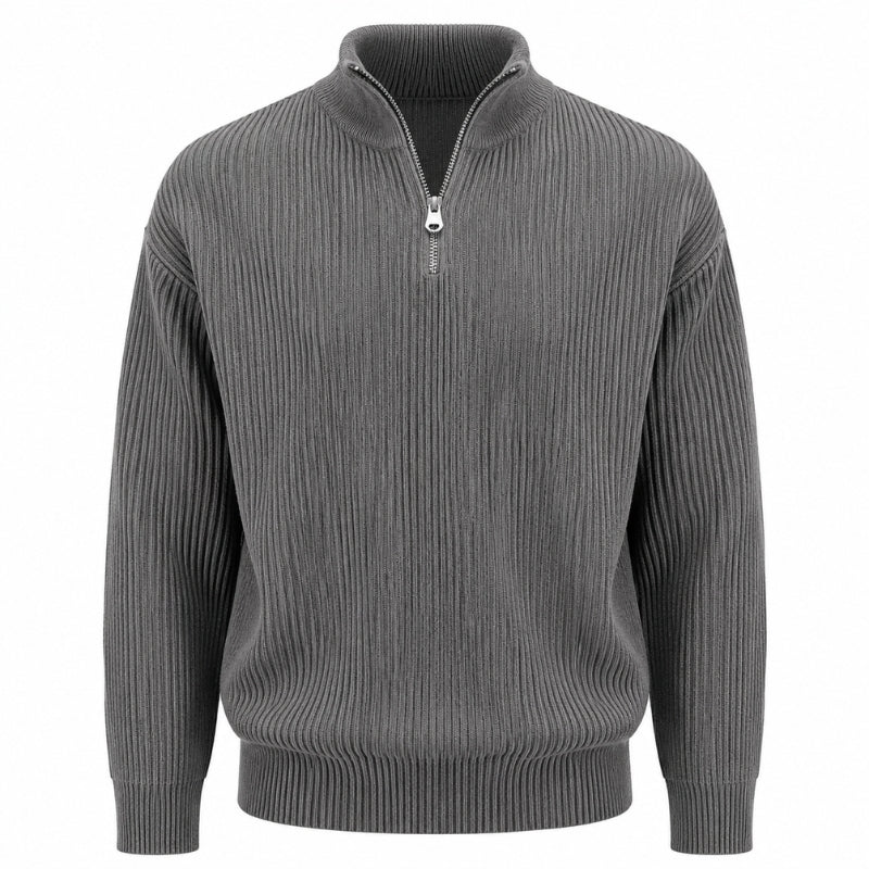 A gray ribbed knit quarter-zip sweater with a stand collar, shown on a plain white background.