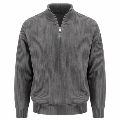 A gray ribbed knit quarter-zip sweater with a stand collar, shown on a plain white background.