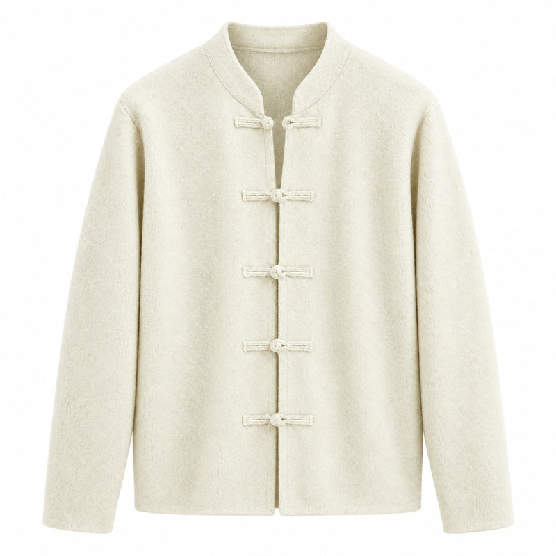 A cream-colored Chinese-style jacket with a mandarin collar and five front frog closures, displayed against a solid white background.