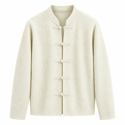 A cream-colored Chinese-style jacket with a mandarin collar and five front frog closures, displayed against a solid white background.