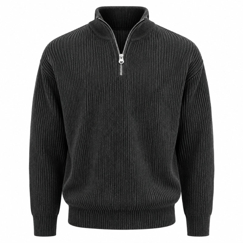 A dark charcoal gray ribbed knit quarter-zip sweater with a stand collar and silver zipper, shown on a plain white background.