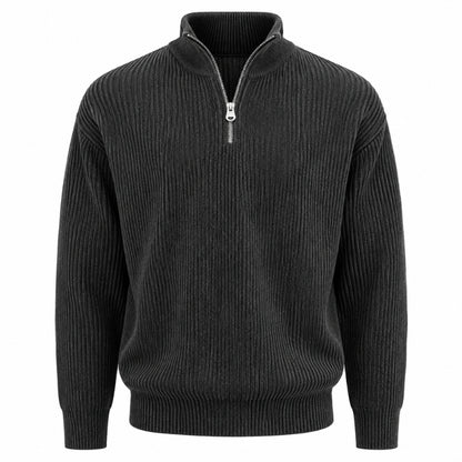A dark charcoal gray ribbed knit quarter-zip sweater with a stand collar and silver zipper, shown on a plain white background.