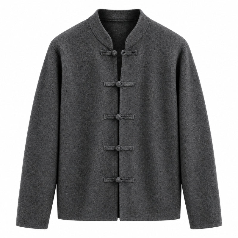 dark gray wool-blend jacket with traditional Chinese-style