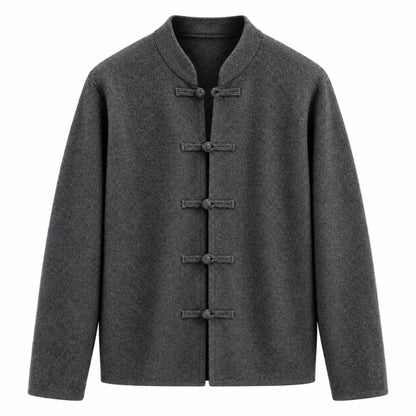dark gray wool-blend jacket with traditional Chinese-style