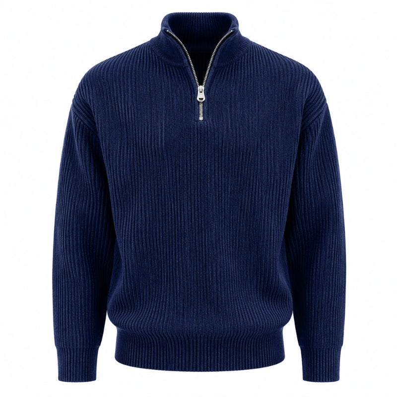 A navy blue ribbed knit quarter-zip sweater with a stand collar and silver zipper, shown on a plain white background.