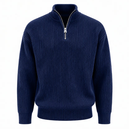 A navy blue ribbed knit quarter-zip sweater with a stand collar and silver zipper, shown on a plain white background.