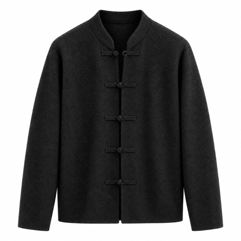 A black long-sleeve jacket with a traditional Chinese mandarin collar and five button-tab closures down the front, displayed on a solid white background.